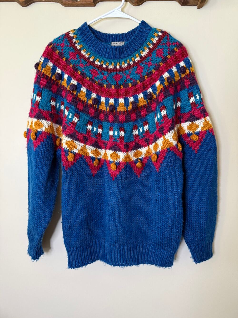Vintage IVY Hand Knit Fair Isle Pom Pom Sweater Blue Nordic Cottagecore Size L